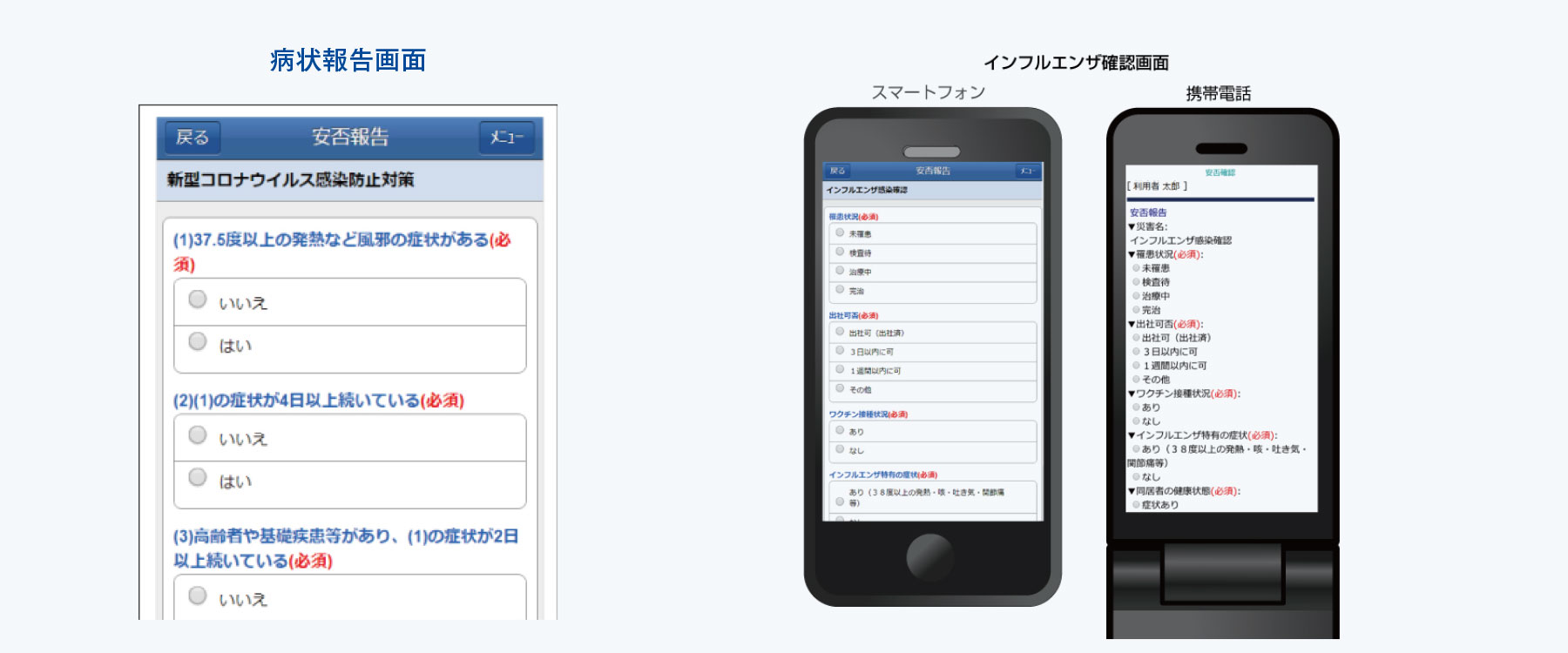 病状報告画面、インフルエンザ確認画面