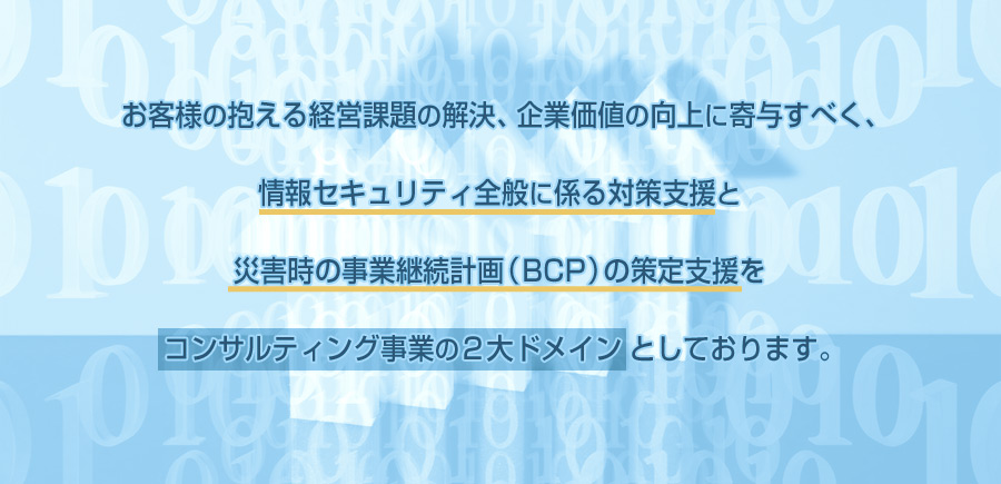 セコムトラストシステムズのコンサルティングは、ライバシーマーク（Pマーク）、ISO27001/ISMS、PCIDSSといった認証取得支援をはじめとする情報セキュリティ対策支援と災害時の初動対応、事業継続計画（BCP)策定支援をコンサルティング事業のドメインとしております。