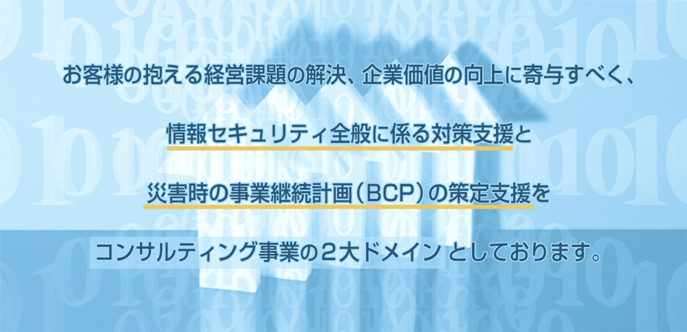 セコムトラストシステムズのコンサルティングは、ライバシーマーク（Pマーク）、ISO27001/ISMS、PCIDSSといった認証取得支援をはじめとする情報セキュリティ対策支援と災害時の初動対応、事業継続計画（BCP)策定支援をコンサルティング事業のドメインとしております