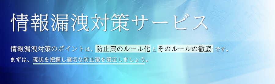 情報漏洩対策サービス | 情報漏洩対策のポイントは、防止策のルール化とそのルールの徹底です。まずは、現状を把握し適切な防止策を策定しましょう。