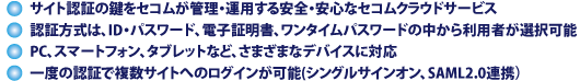 サイト認証の鍵をセコムが管理・運用する安全・安心なセコムクラウドサービス/認証方式は、ID・パスワード、電子証明書、ワンタイムパスワードの中から利用者が選択可能/PC、スマートフォン、タブレットなど、さまざまなデバイスに対応/一度の認証で複数サイトへのログインが可能(SAML2.0連携も可能)