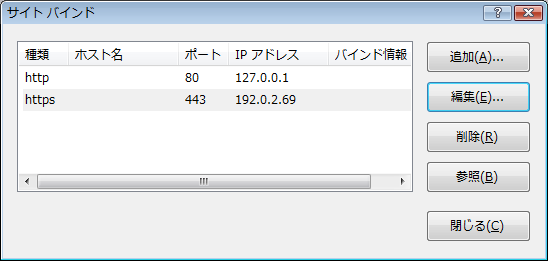 ＜サイト バインド＞リストへの追加の確認