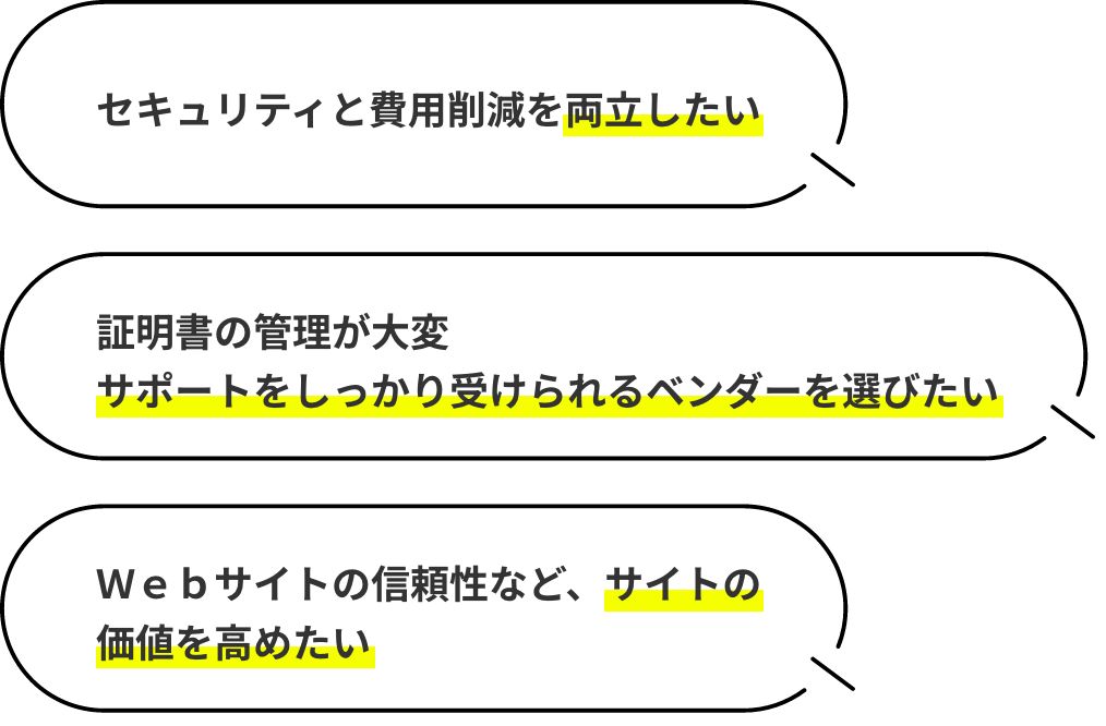セキュリティと費用削減を両立したい 証明書の管理が大変サポートをしっかり受けられるベンダーを選びたい Ｗｅｂサイトの信頼性など、サイトの価値を高めたい