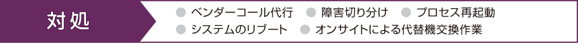 対処＜ベンダーコール代行　障害切り分け　プロセス再起動　システムのリブート　オンサイトによる代替機交換作業＞