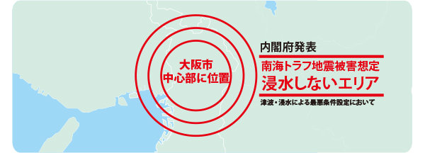 内閣府が発表した南海トラフ地震の被害想定において、大阪市を中心部に含む浸水しないエリアを示す地図